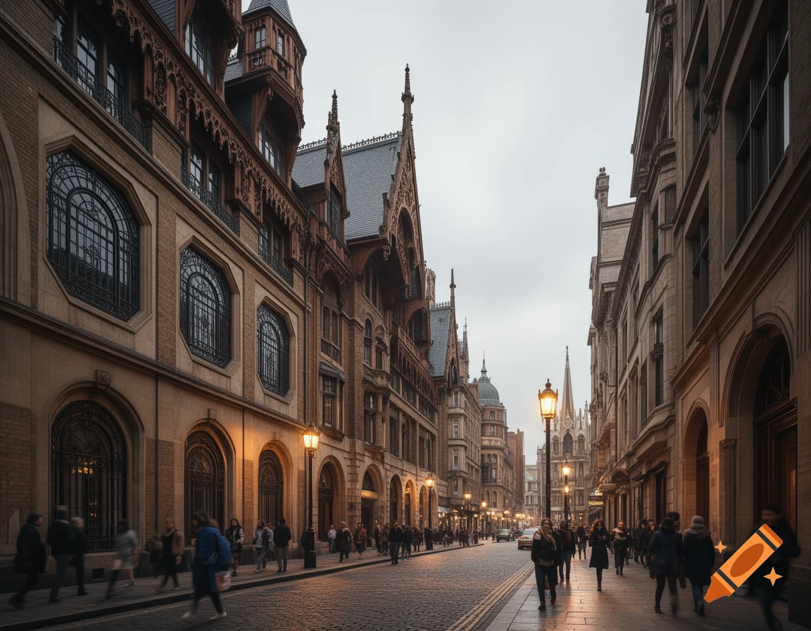 A busy city street lined with ornate Victorian-style buildings and pedestrians, under an overcast sky.