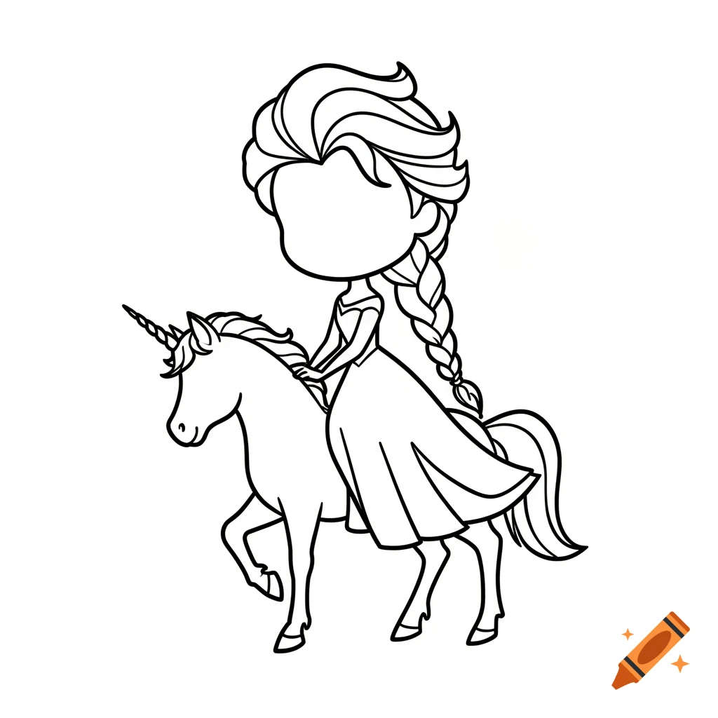Black outline drawing of a cute chibi Princess Elsa riding a unicorn, on a white background.