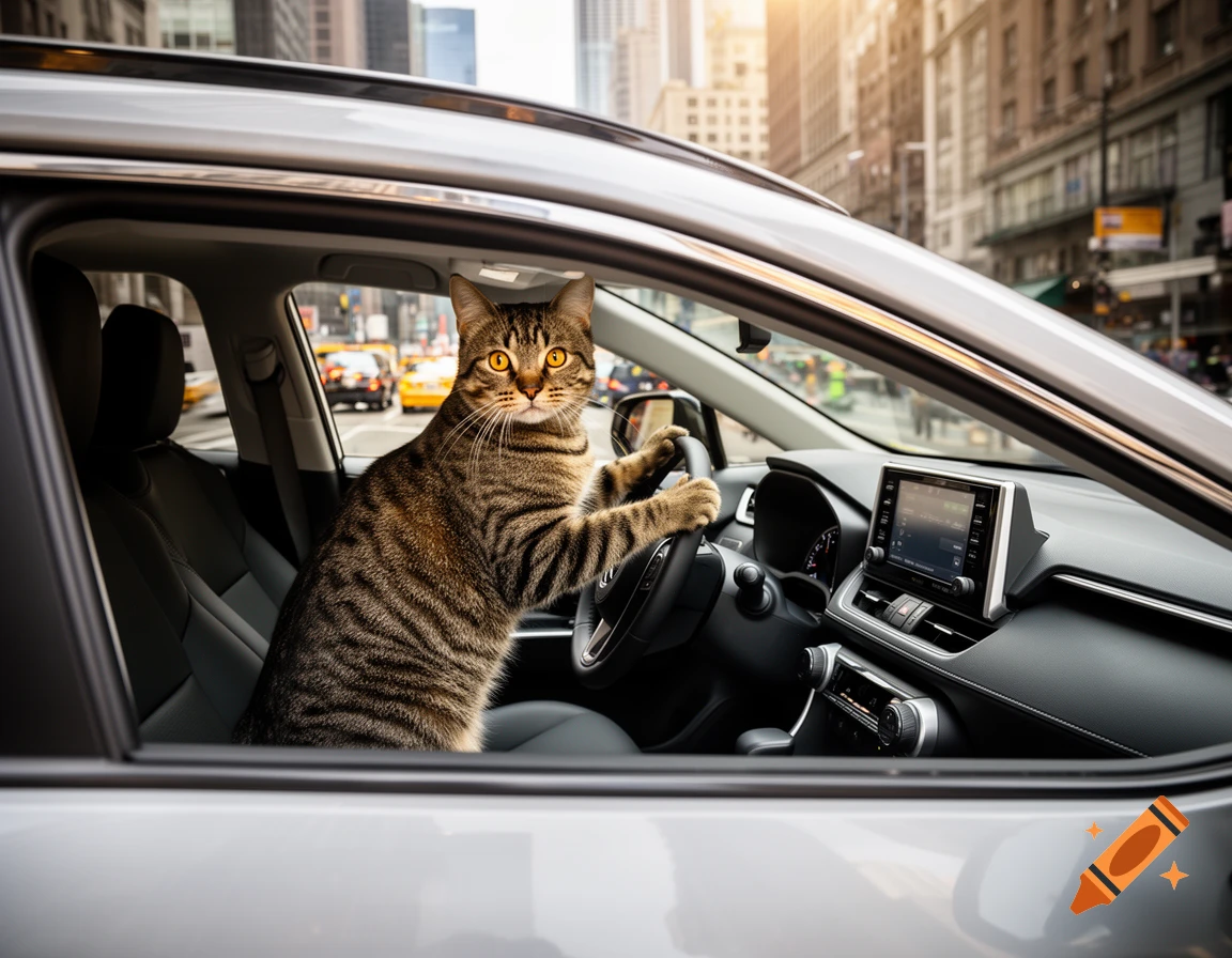 A photorealistic tabby cat with big yellow eyes sits behind the wheel of a grey car, looking at the viewer from a city street.