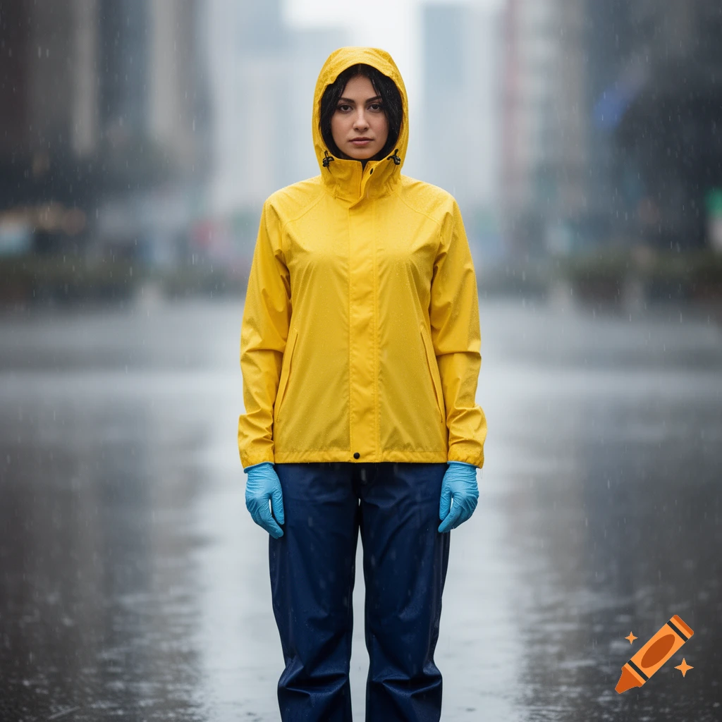 A woman in a yellow rain jacket, blue rain pants, and blue gloves stands in a rainy city street.
