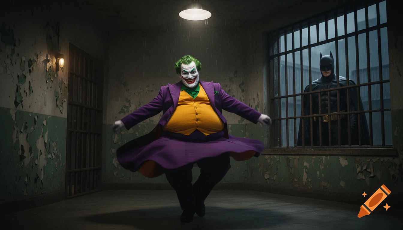 The Joker with a fat belly dances in a dilapidated prison cell as Batman watches stoically through the bars. Photorealistic.