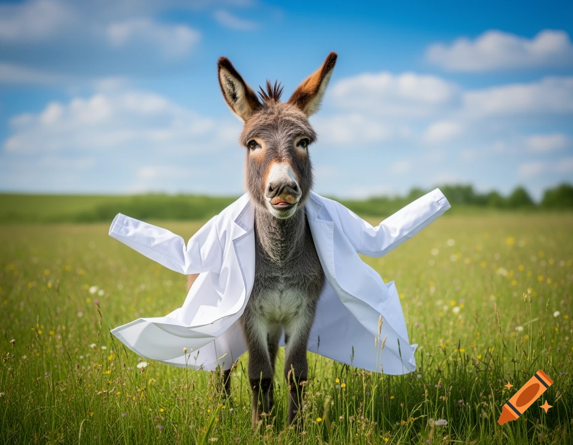 A photorealistic donkey in a white lab coat stands in a grassy field under a blue sky, looking silly with its tongue slightly out.
