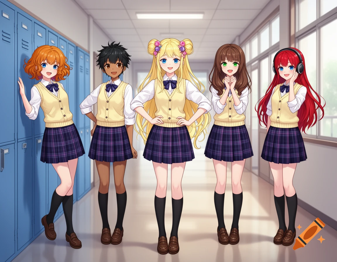Five anime-style young women in matching school uniforms, featuring yellow vests and plaid skirts, posing in a school hallway with lockers.