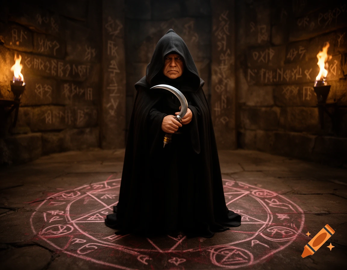 A robed cultist holding a sickle stands in a dimly lit stone chamber with glowing symbols on the floor and walls.