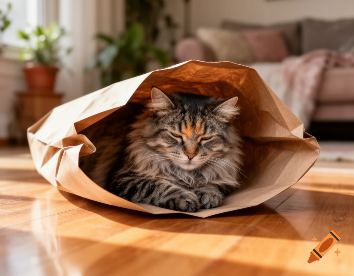A fluffy tabby cat with closed eyes rests peacefully inside a brown paper bag on a sunlit wooden floor.