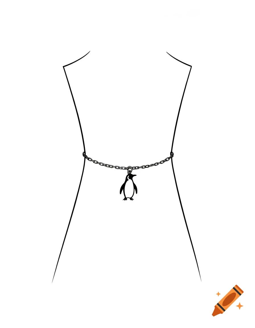 Minimalist line art of a torso outline wearing a delicate chain belt with a small black penguin charm.