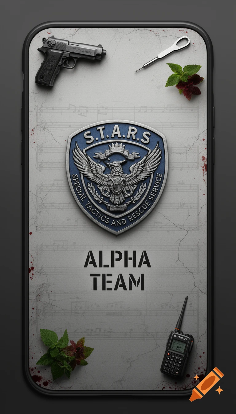 Smartphone case design with a central S.T.A.R.S. (Special Tactics and Rescue Service) logo and 'ALPHA TEAM' text, on a textured background with faint musical notes and subtle blood splatters. A pistol, lockpick, radio, and green and red herbs are arranged around the logo.