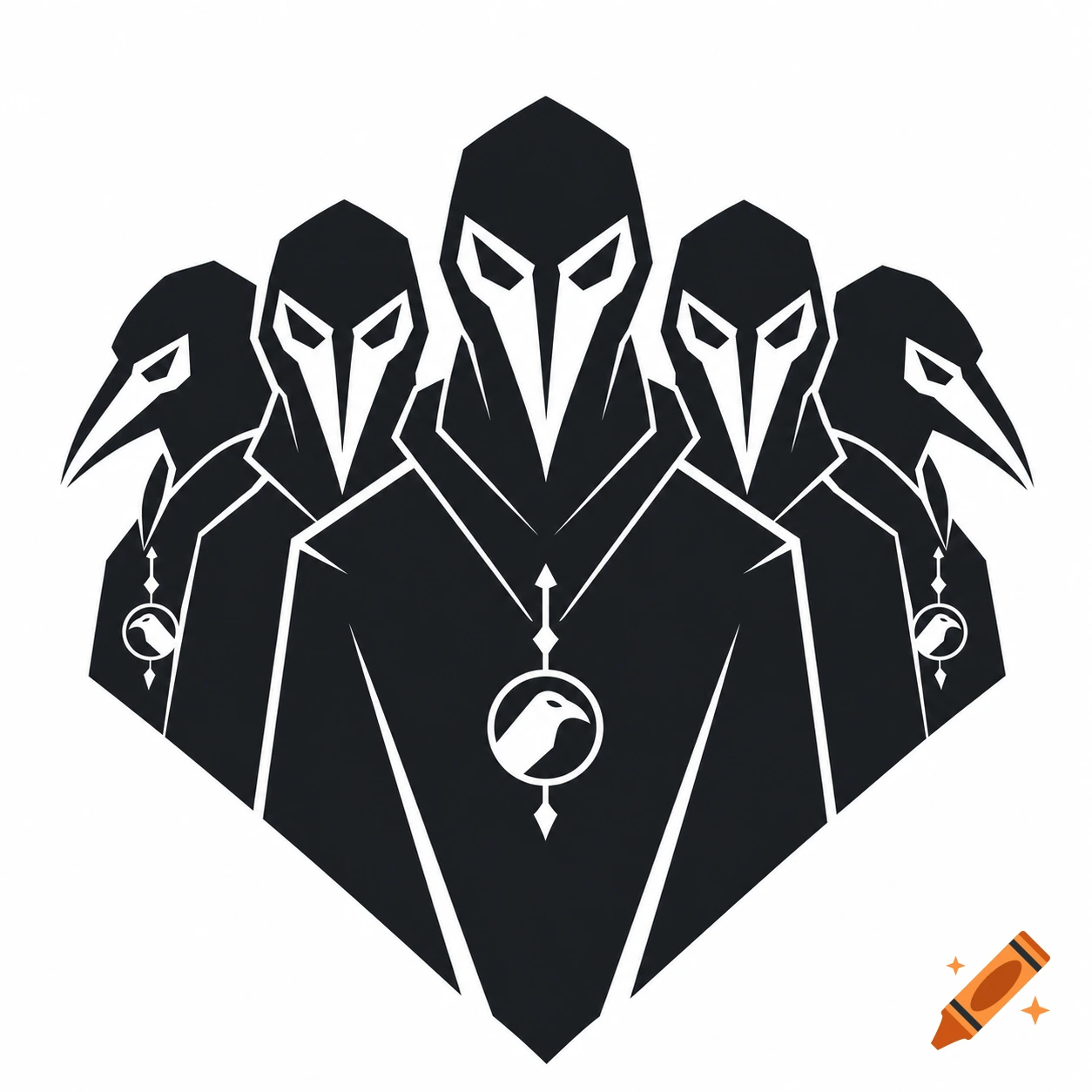 A minimalist black and white vector illustration of five figures in raven-like masks and cloaks forming a symbolic group emblem.