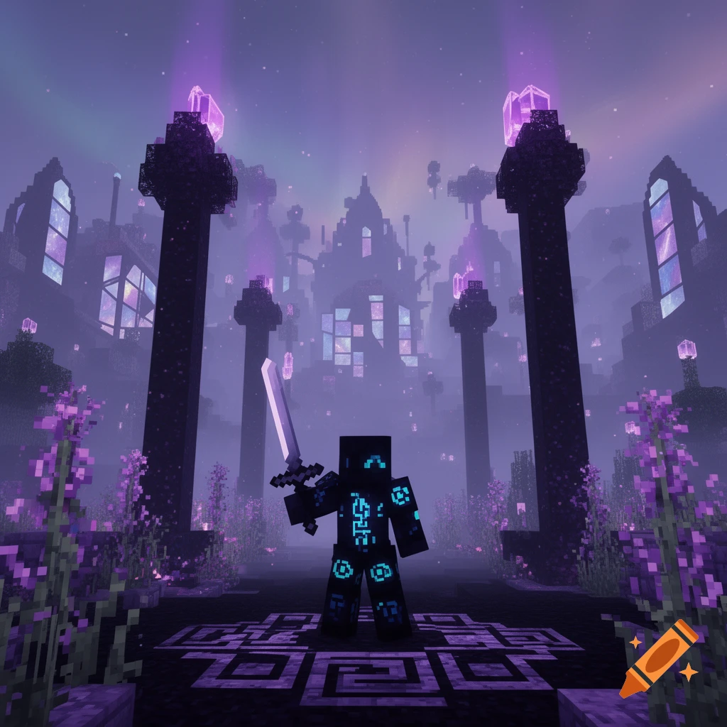 A Minecraft character in dark armor with glowing blue runes stands in a mystical purple End dimension landscape with floating structures and purple crystals.