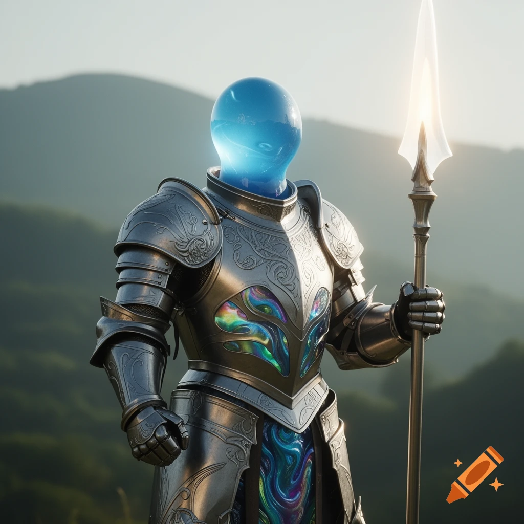 A slime knight in ornate silver armor with swirling colorful patterns stands on a grassy hill, holding a glowing halberd, under a bright sky.