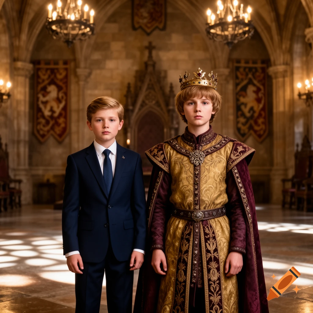Two boys stand in a grand hall; one in a suit, the other in gold and maroon royal robes and a crown.