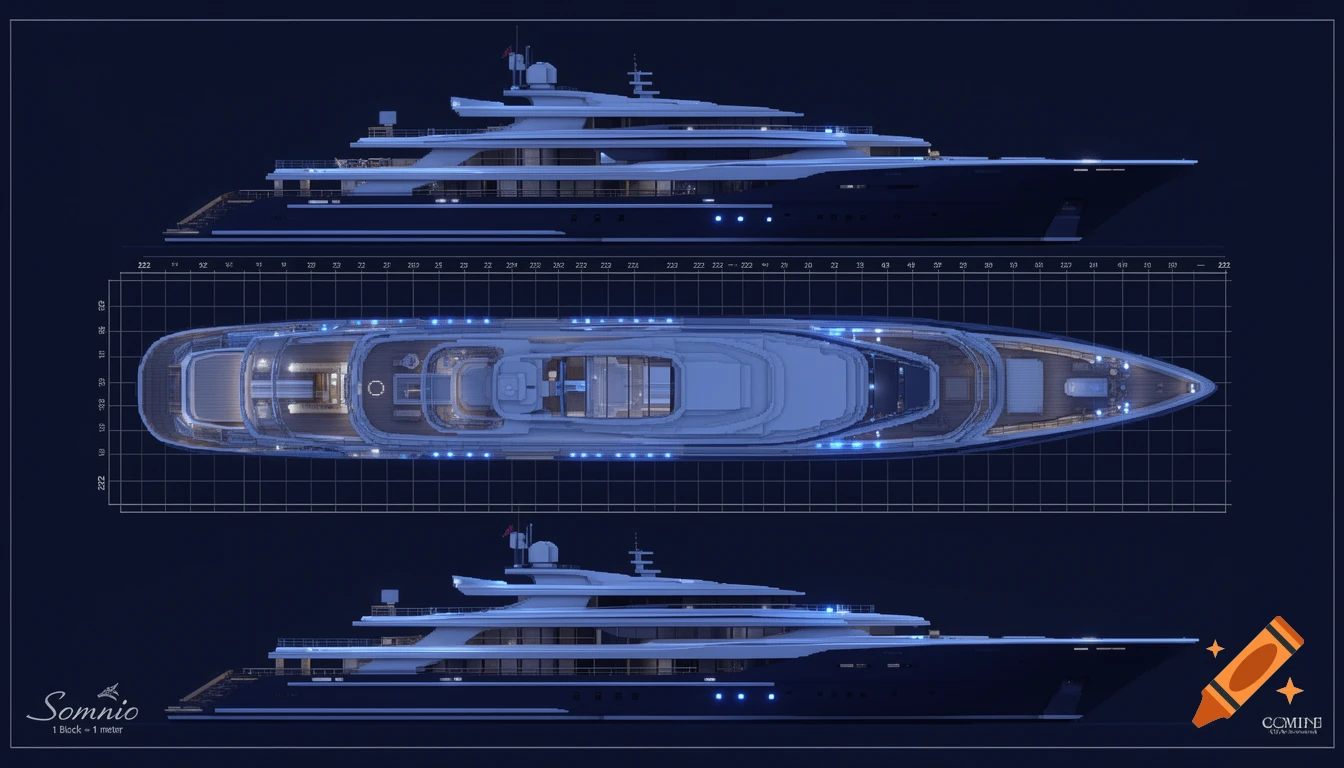 Detailed architectural blueprint of the Somnio yacht for Minecraft, with top and side views on a grid, featuring blue exterior lights.