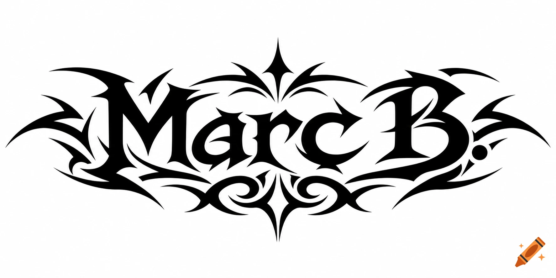 Black tribal art design spelling 'Marc B.' with spiky, flowing lines on a white background.