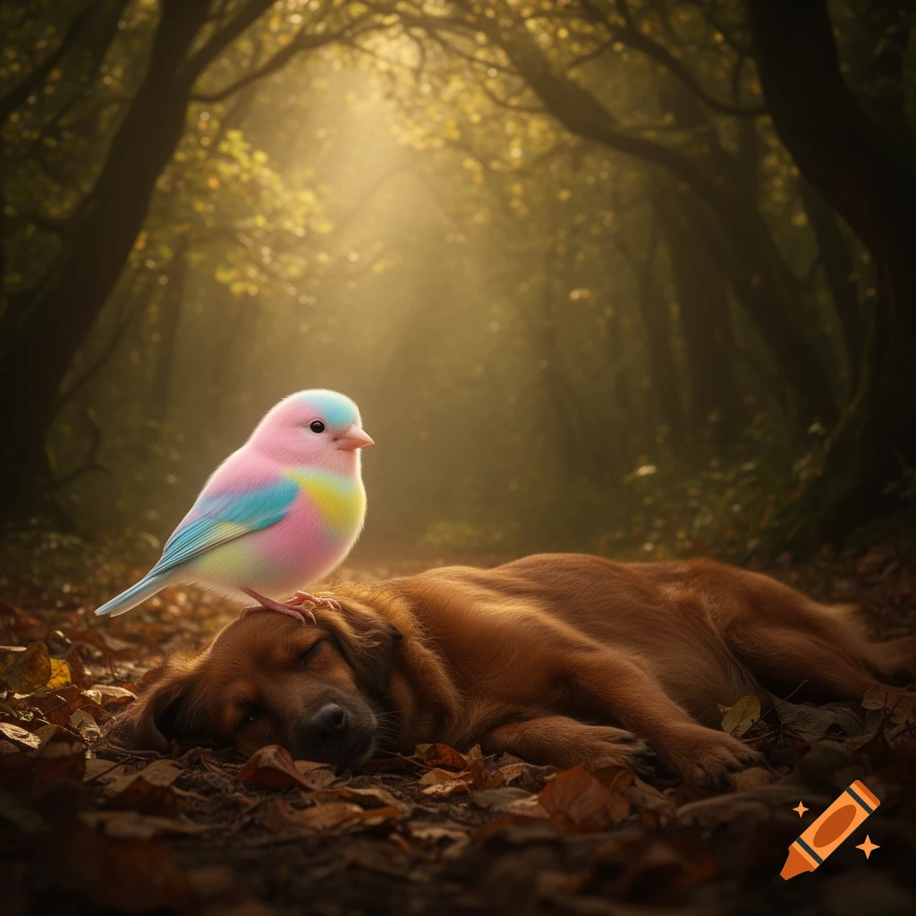 A fluffy, colorful bird perches on a sleeping brown dog amidst autumn leaves in a sunlit forest.