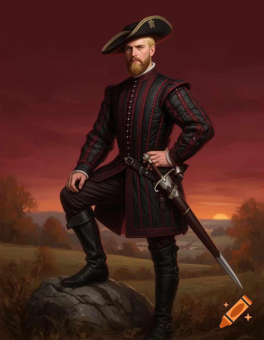 A man with a blonde beard in a black and red gambeson and a cavalier hat, holding a sheathed sword, stands on a rock at sunset.