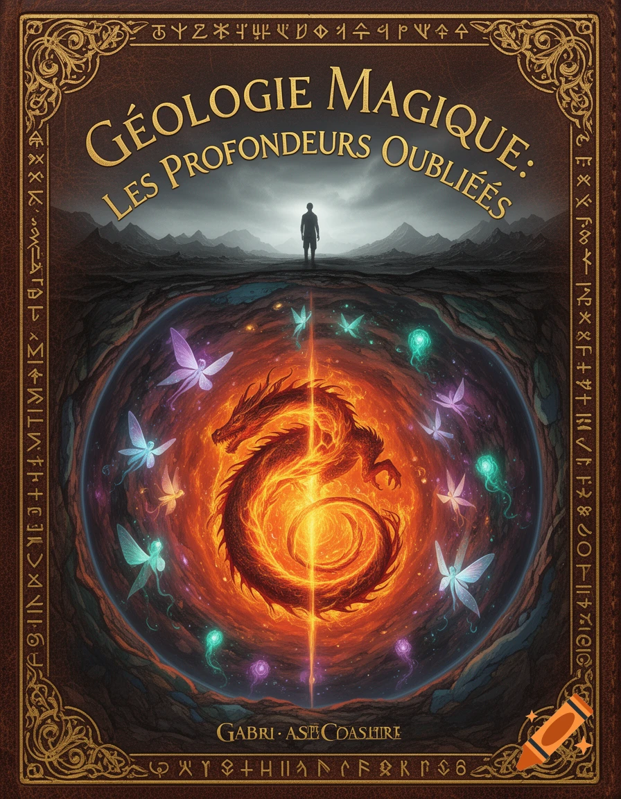 Fantasy book cover showing a cross-section of Earth with a fire dragon in the core, glowing fairies, and a human silhouette on the surface looking down. Ornate golden runes frame the image.