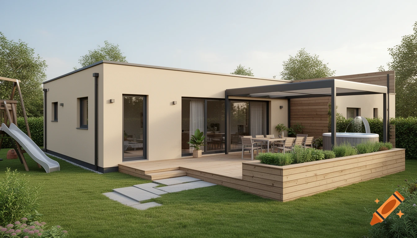 Photorealistic view of a modern beige house with a wooden deck, outdoor dining, hot tub, garden, and playground slide.