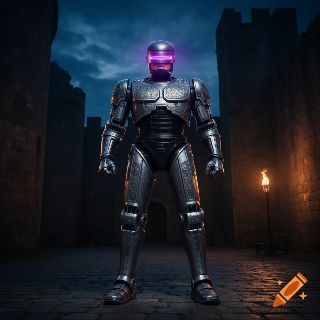 A medieval RoboCop with a purple glowing visor stands in a castle courtyard at dusk, a torch illuminates the background.