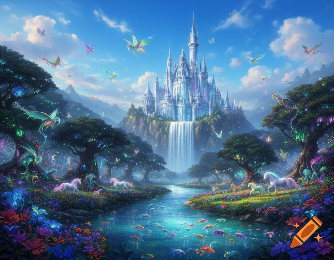 A vibrant fantasy landscape with a grand, luminous castle and waterfall, a river with glowing fish, lush trees, and unicorns among colorful flora.