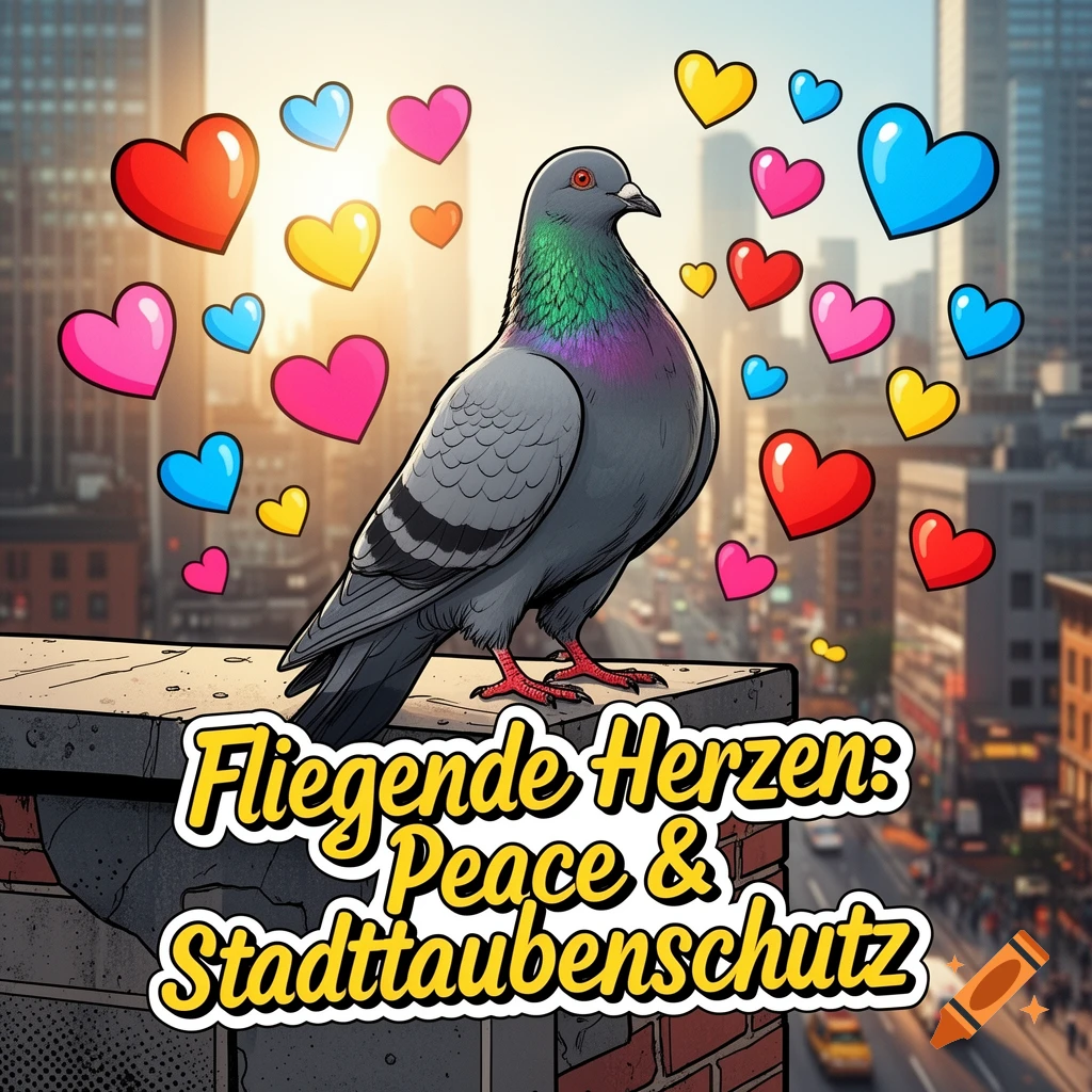 A cartoon pigeon on a city rooftop with colorful hearts and text 'Fliegende Herzen: Peace & Stadttaubenschutz'.