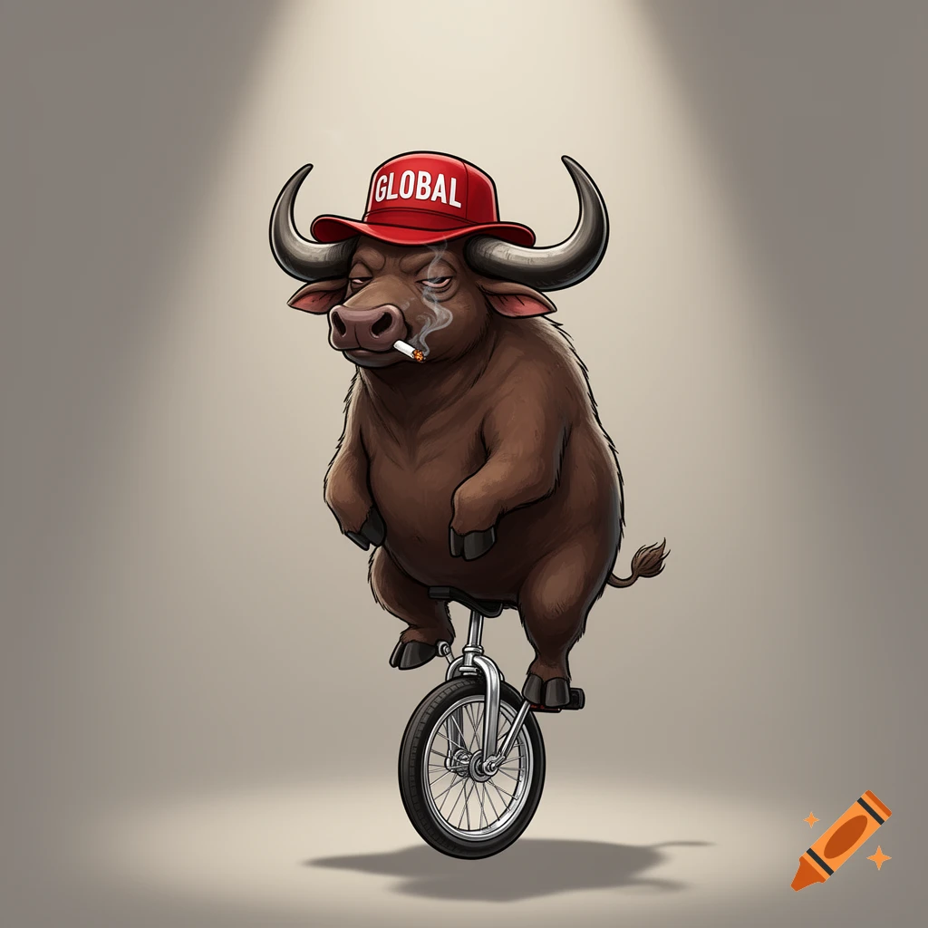 A cartoon buffalo in a red 'GLOBAL' hat rides a unicycle and smokes a cigarette under a spotlight.