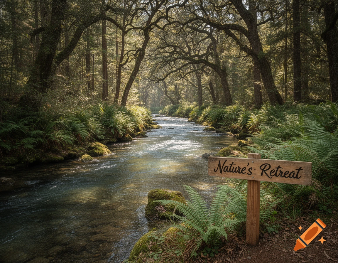 A serene river flows through a dense forest with a wooden sign reading 'Nature's Retreat' on the bank.