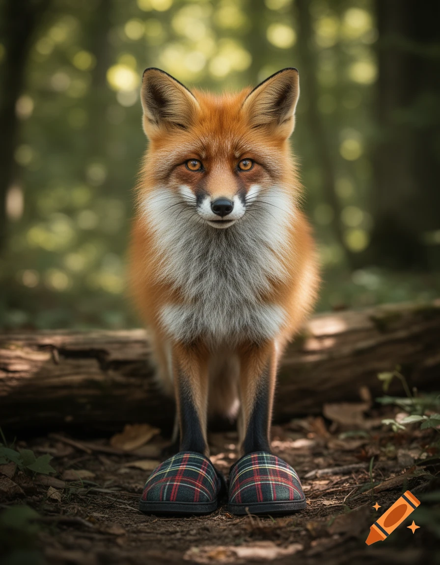 A photorealistic red fox stands in a forest, wearing plaid slippers.