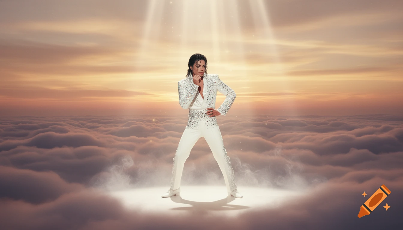 Michael Jackson in a sparkling white outfit striking an iconic pose on glowing clouds under divine light rays at sunset.