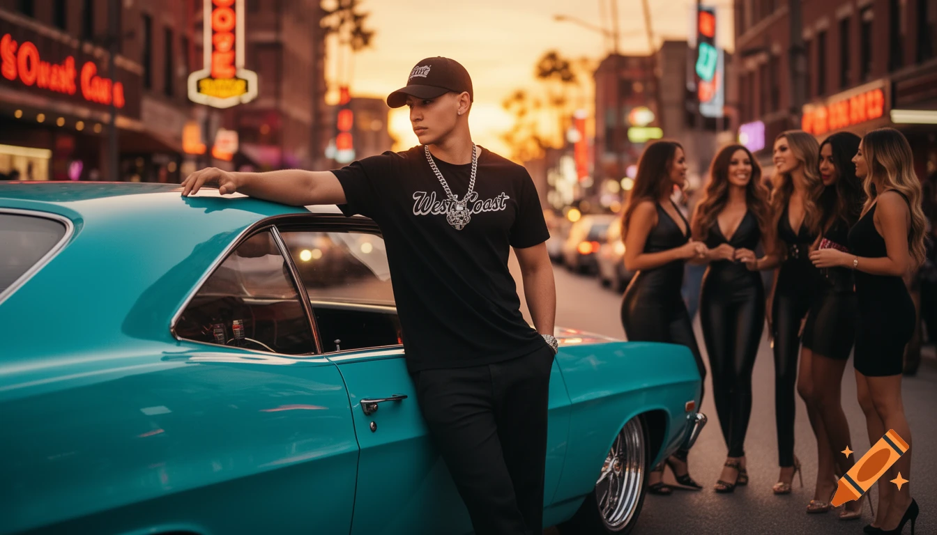 A man in a black West Coast t-shirt leans on a turquoise lowrider on a city street at sunset, looking away from a group of women.