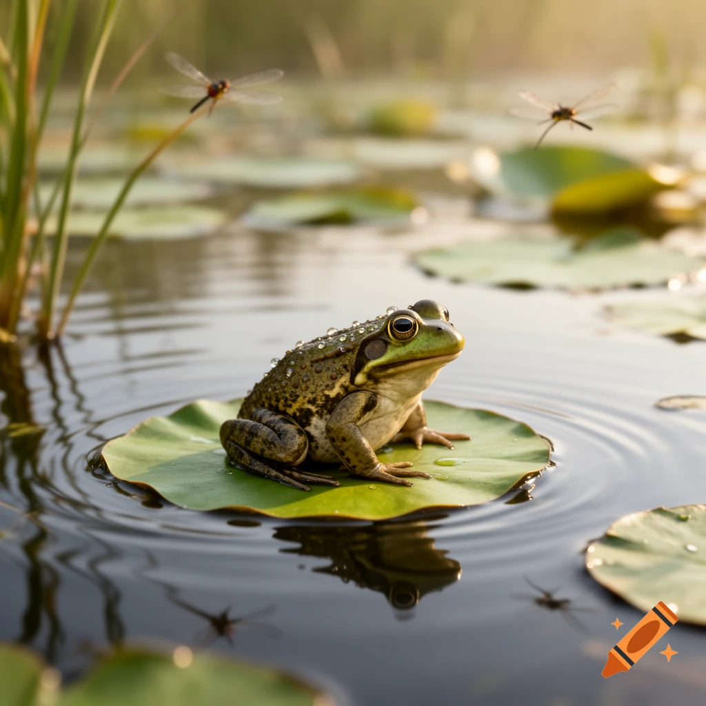 A close-up, photorealistic shot of a green frog covered in dewdrops, sitting on a lily pad in a pond with dragonflies.
