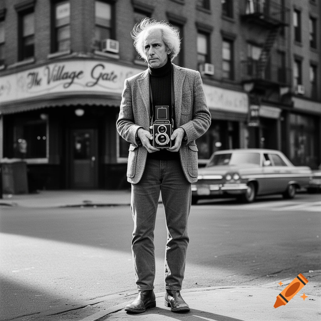 Black and white cinematic portrait of an older man with wild grey hair, holding a camera on a Greenwich Village street with 'The Village Gate' sign in the background.