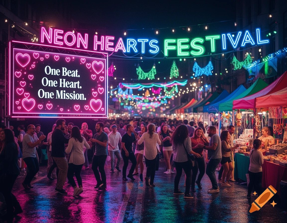 A vibrant night festival with neon signs, market stalls, and people dancing on a wet street. A large screen displays "One Beat. One Heart. One Mission."