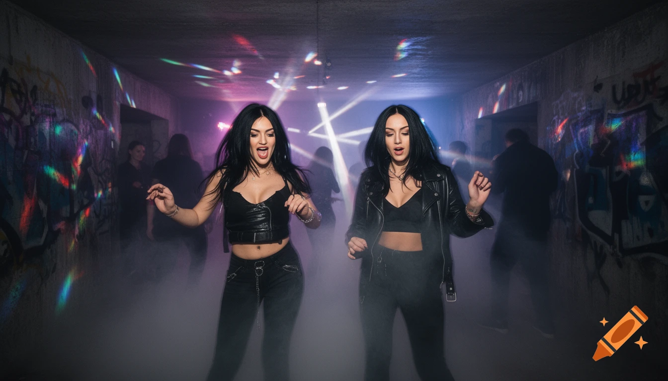 Two black-haired women dance amidst fog and colorful lights in a graffiti-covered bunker, evoking a party atmosphere.