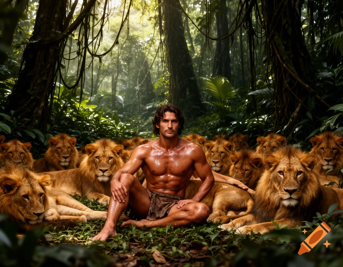 A muscular, shirtless man in a loincloth sits cross-legged among several lounging lions in a lush, sun-dappled jungle, photorealistic.