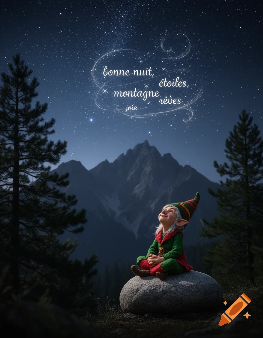A cheerful elf sits on a rock, looking up at a starry night sky with mountains and pine trees, with French text floating above.