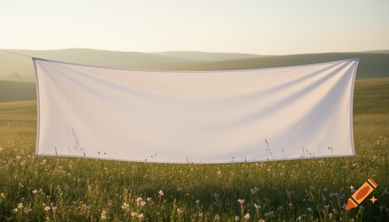 A plain white banner suspended over a sunny green field with wildflowers and rolling hills in the background, photorealistic.