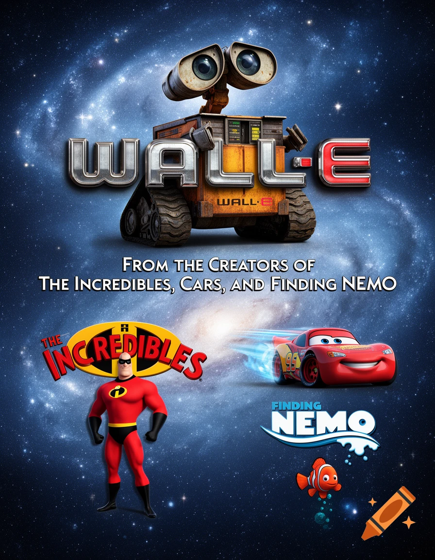 Movie poster for WALL-E, featuring WALL-E, Mr. Incredible, Lightning McQueen, and Nemo against a starry space background.