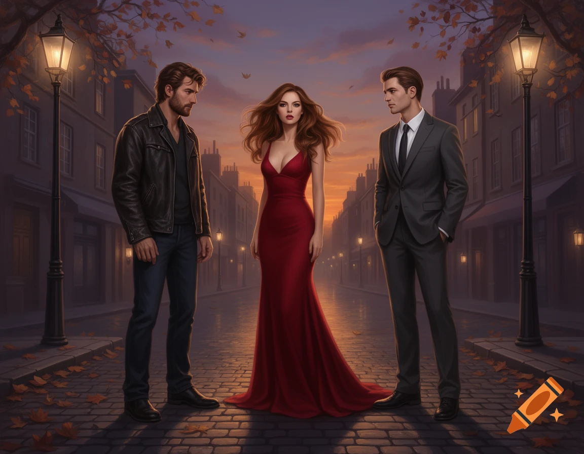 Two men and a woman in a red gown stand on an autumn street at dusk, flanked by lampposts, in a digital art style.