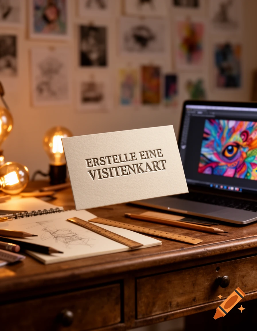 A warmly lit designer's desk with drawing tools, a laptop displaying colorful art, and a business card in the foreground.
