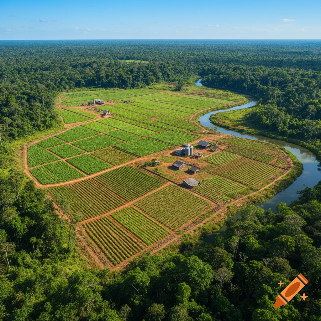 An aerial view of a farm with green agricultural fields carved out of a dense jungle, with a winding river flowing alongside.