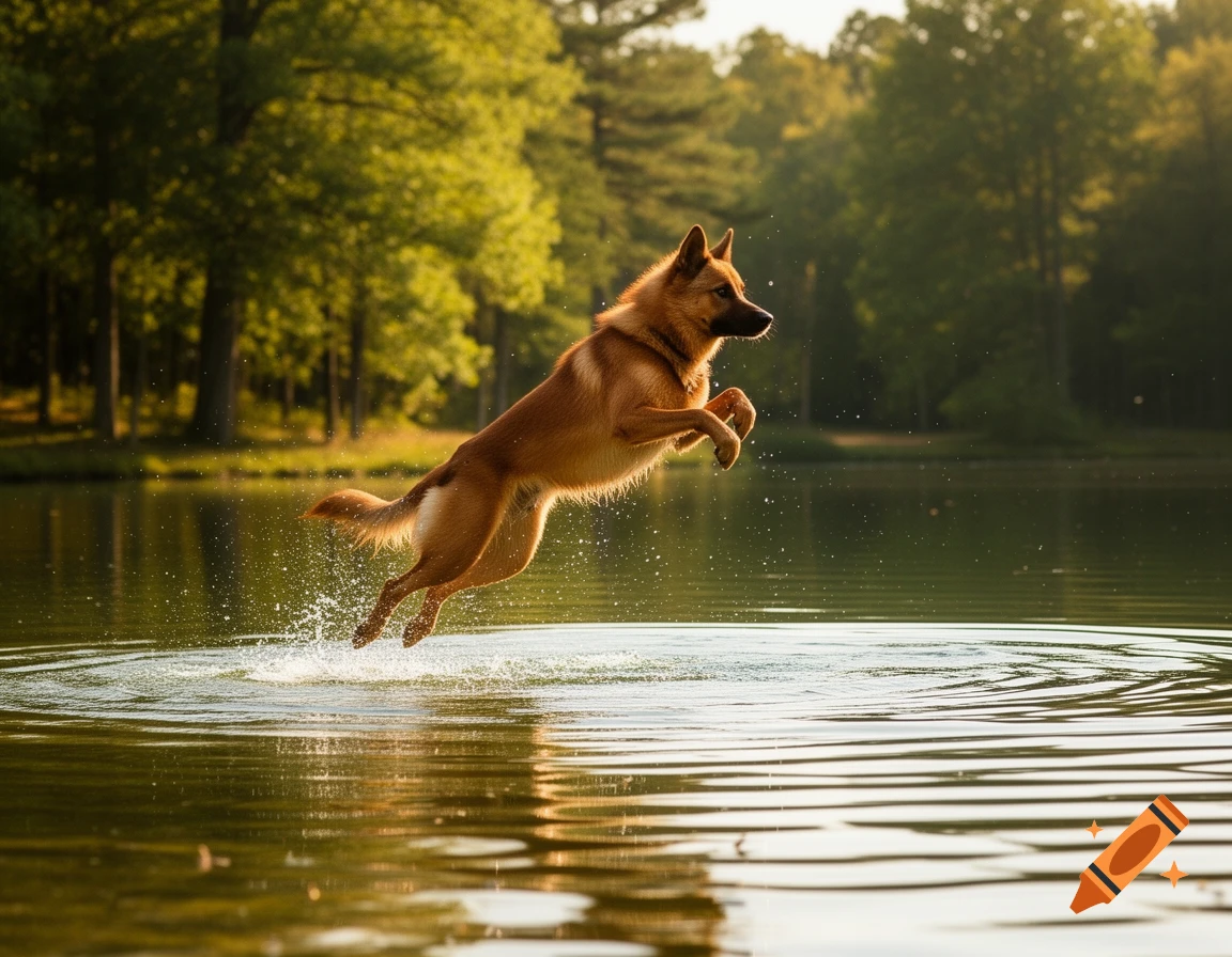 A tan Malinois dog leaps into a lake, creating a splash, with a green forest in the background under sunlight.
