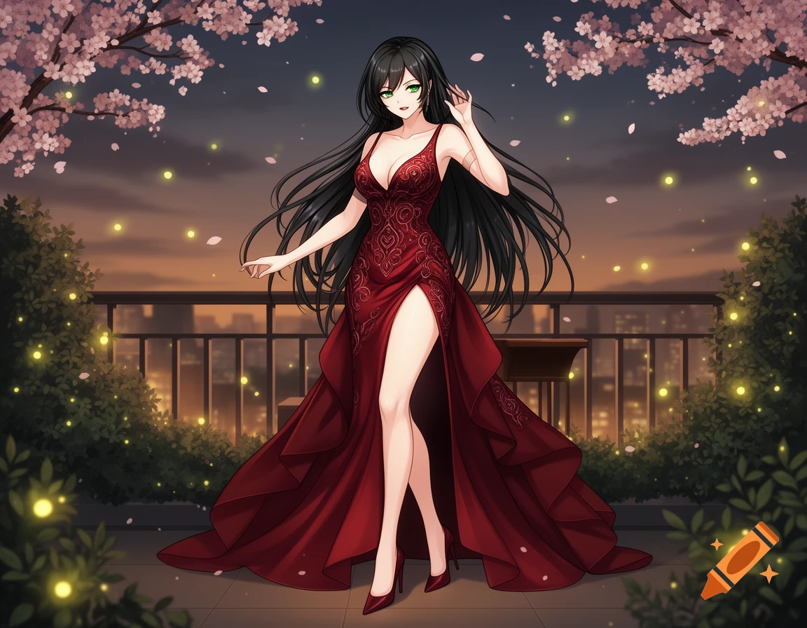 Anime woman in a red, high-slit dress on a balcony with cherry blossoms and city lights at dusk.