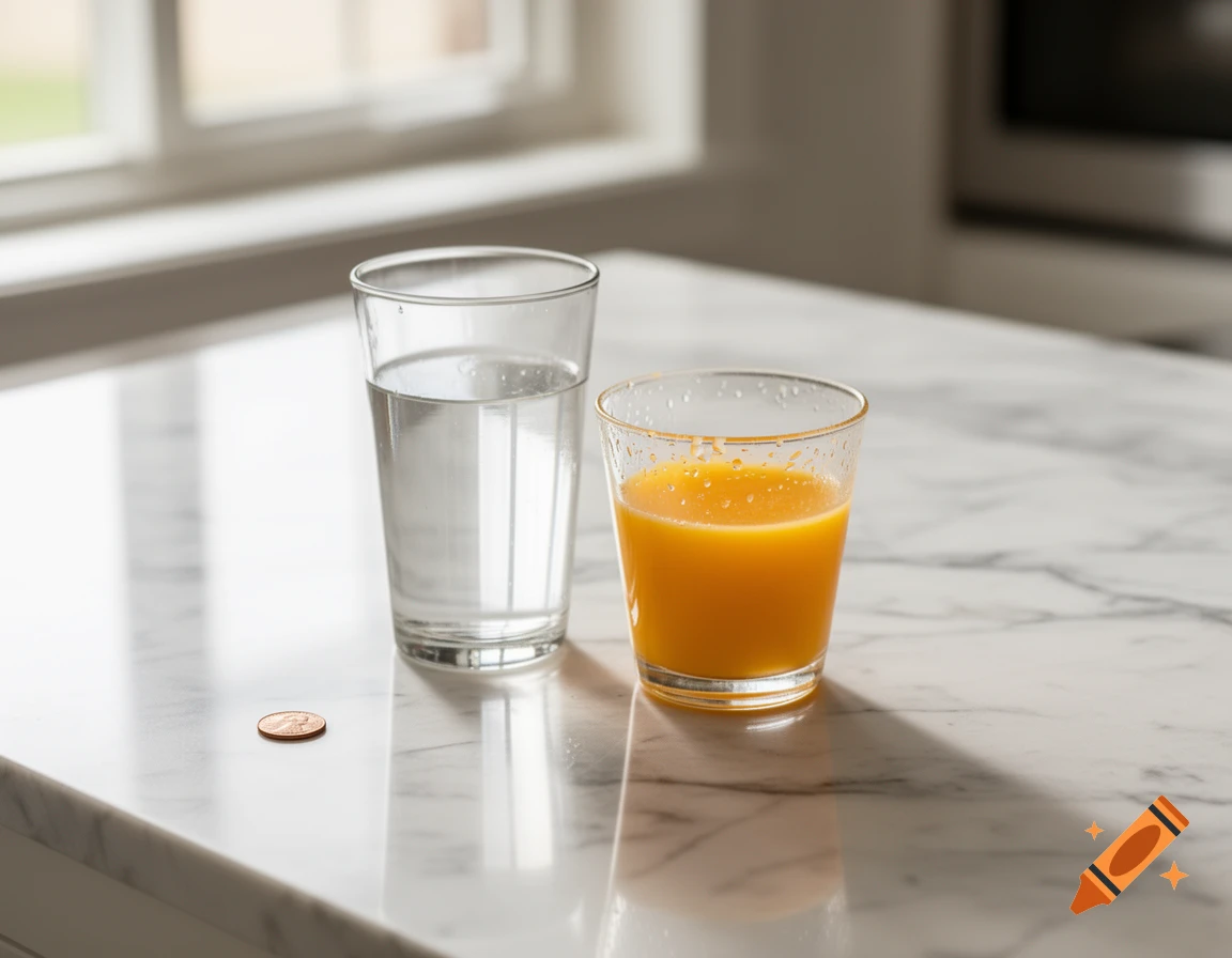 A glass of water, a glass of orange juice, and a penny sit on a white marble kitchen counter in a photorealistic shot.