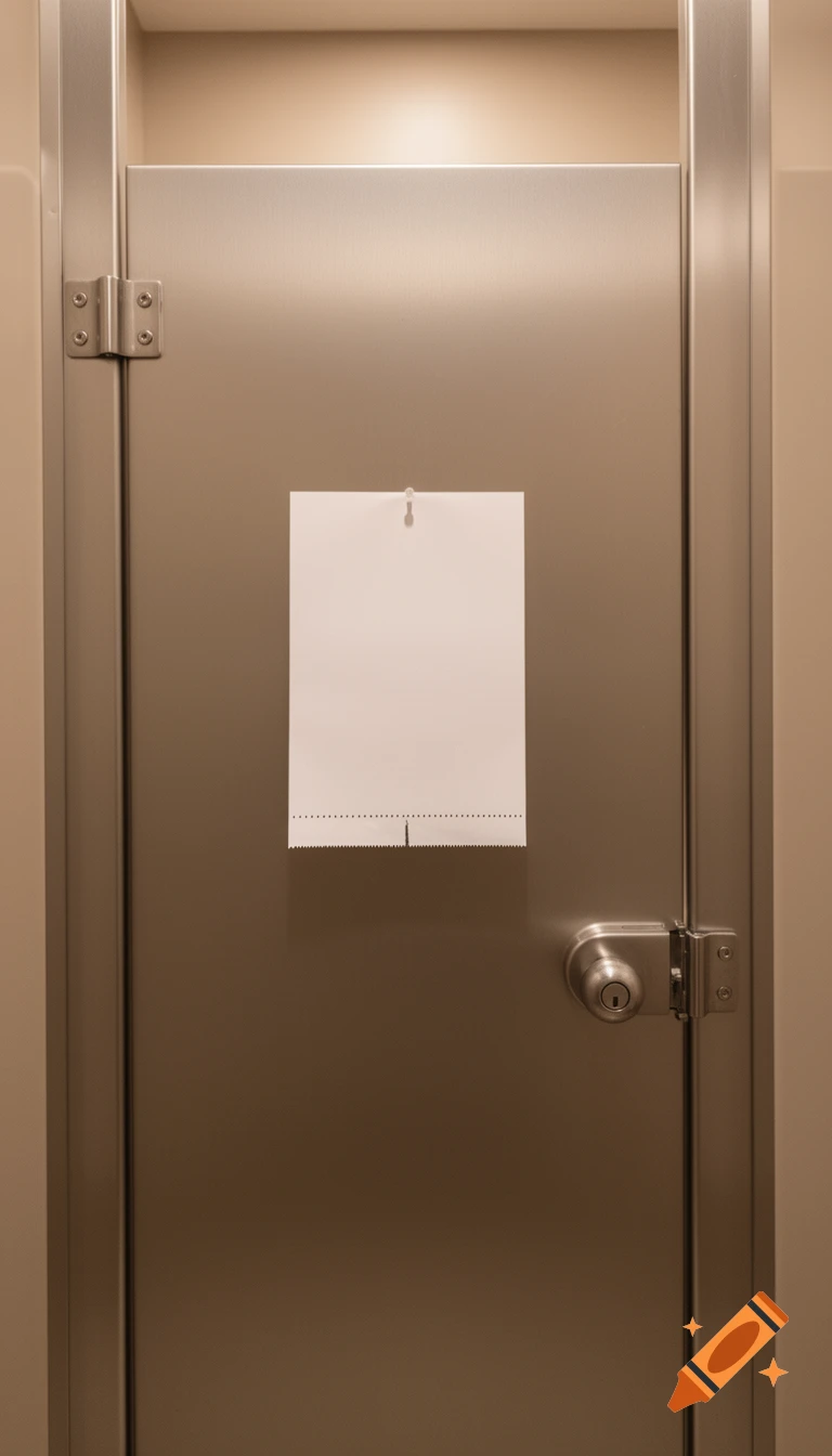A blank tear-off flyer is pinned to a stainless steel toilet cubicle door, viewed from inside a public restroom.