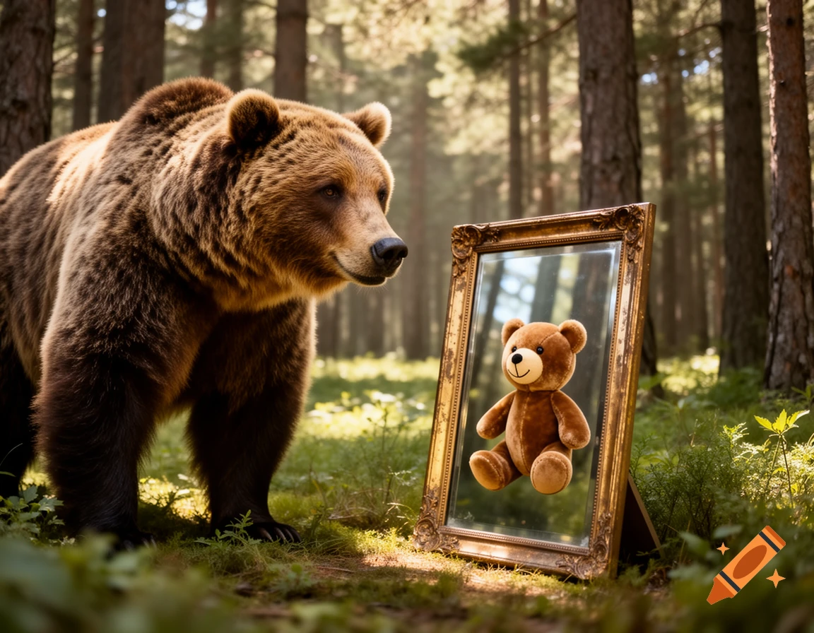 A grizzly bear looks into a gilded mirror in a forest, seeing a fluffy teddy bear reflected back.