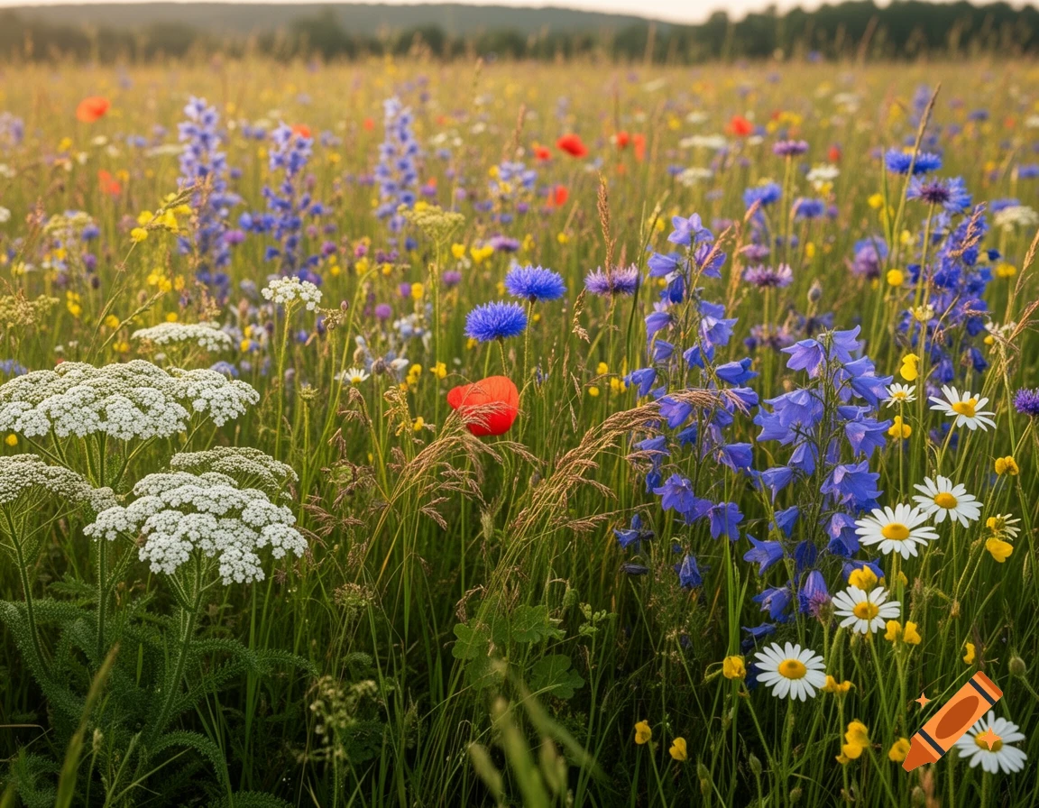 A sun-drenched meadow bursting with diverse wildflowers like white yarrow, blue bellflowers, red poppies, and white daisies.