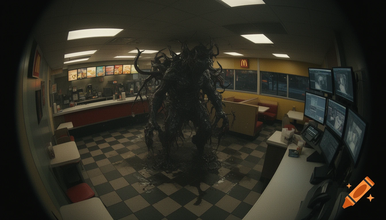 A dark, eldritch horror monster stands in the center of a dimly lit McDonald's restaurant, viewed through a fisheye lens like a CCTV camera.