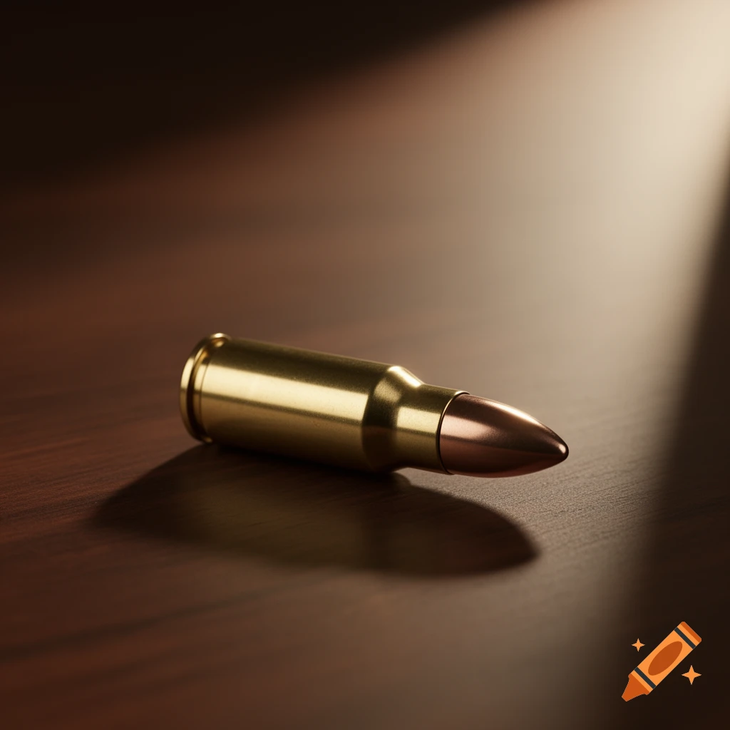 A photorealistic image of a single bullet cartridge lying on a dark wooden surface, lit from the upper right.