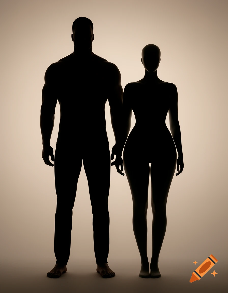 Silhouettes of a muscular man and a curvy woman standing side-by-side against a light background.