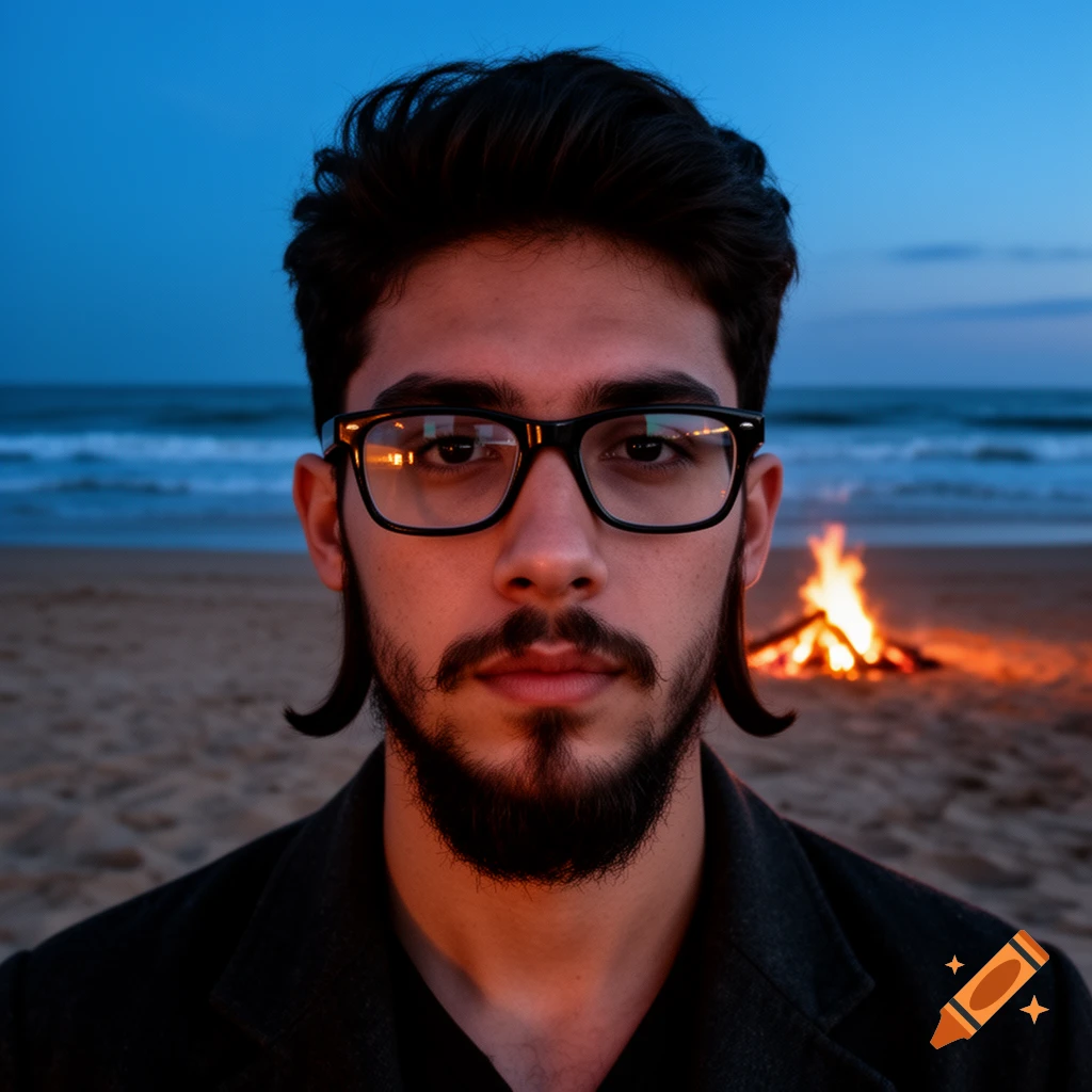 Photorealistic close-up portrait of a young man with glasses and a beard on a beach at twilight, with a campfire glowing in the background.